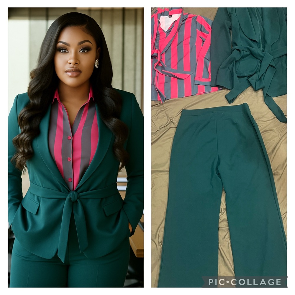 Women's Green Pantsuit with Pink Striped Shirt
